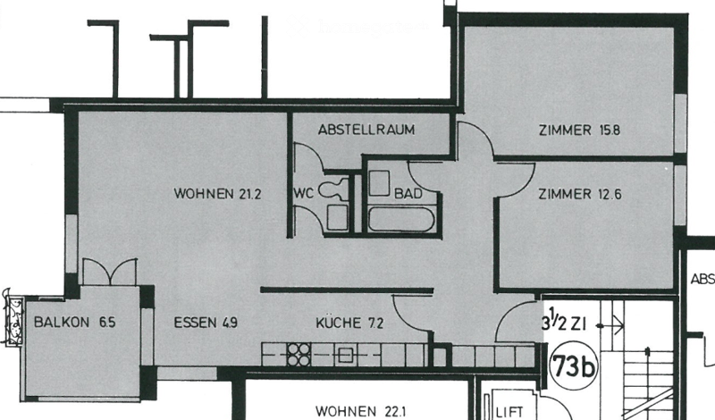 Floor plan showing a 3-room apartment with a balcony, kitchen, living room, and bathroom.