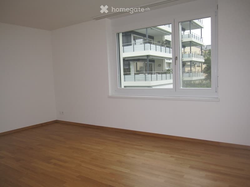 empty room, wooden floor, white walls, large window, balcony view