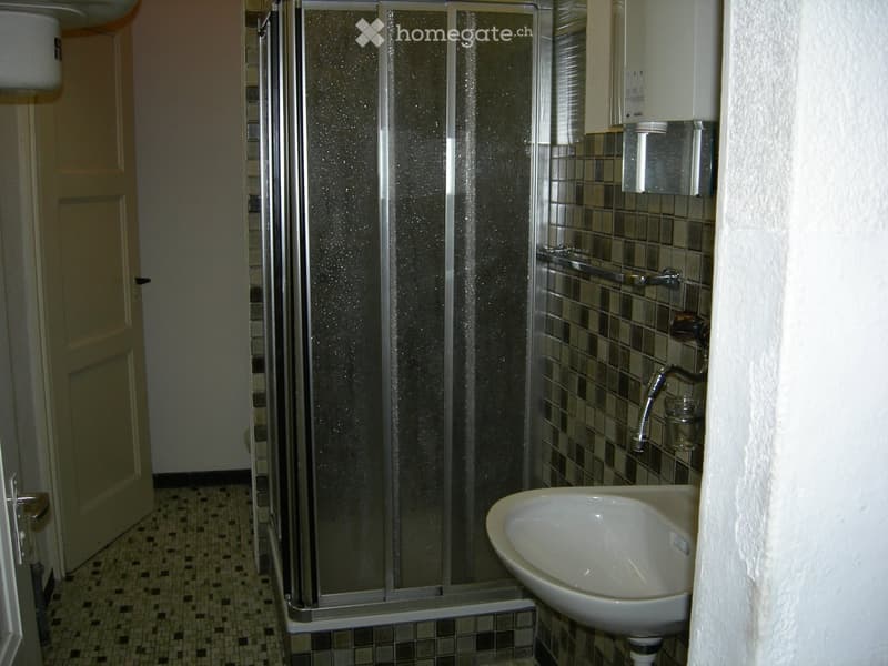 Bathroom with a white sink, a glass-enclosed shower stall, and tiled walls and floor.