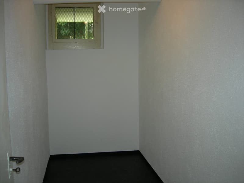 Empty hallway with light-colored walls, dark floor, and a small window with a metal mesh cover at the top.