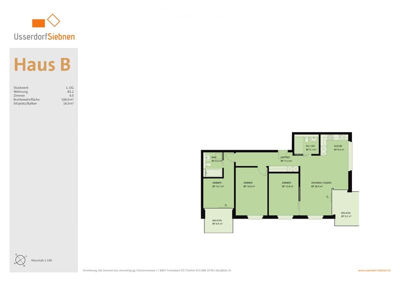 Floor plan of Haus B, 1st floor, showing 4.5 rooms, living/dining area, kitchen, bathroom, and balcony.