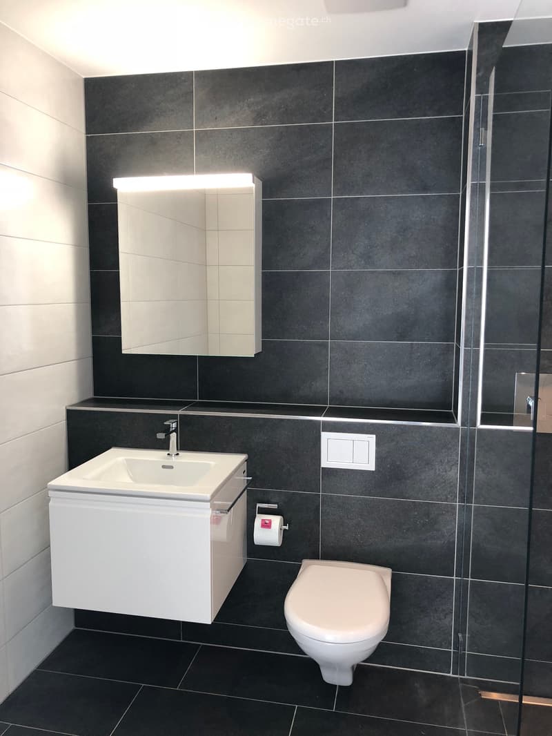 Modern bathroom with dark tiled walls, white sink, toilet, and illuminated mirror above the sink.