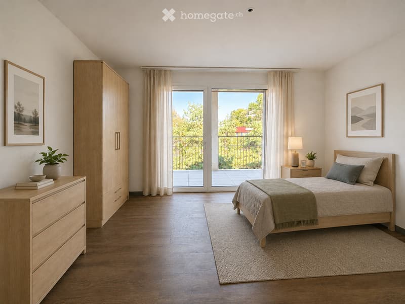 Bright, airy bedroom with wooden flooring, large windows leading to a balcony, a neatly made bed with pillows and a blanket, a nightstand with a lamp, a wardrobe, a dresser with books and a plant, and framed artwork on the walls.