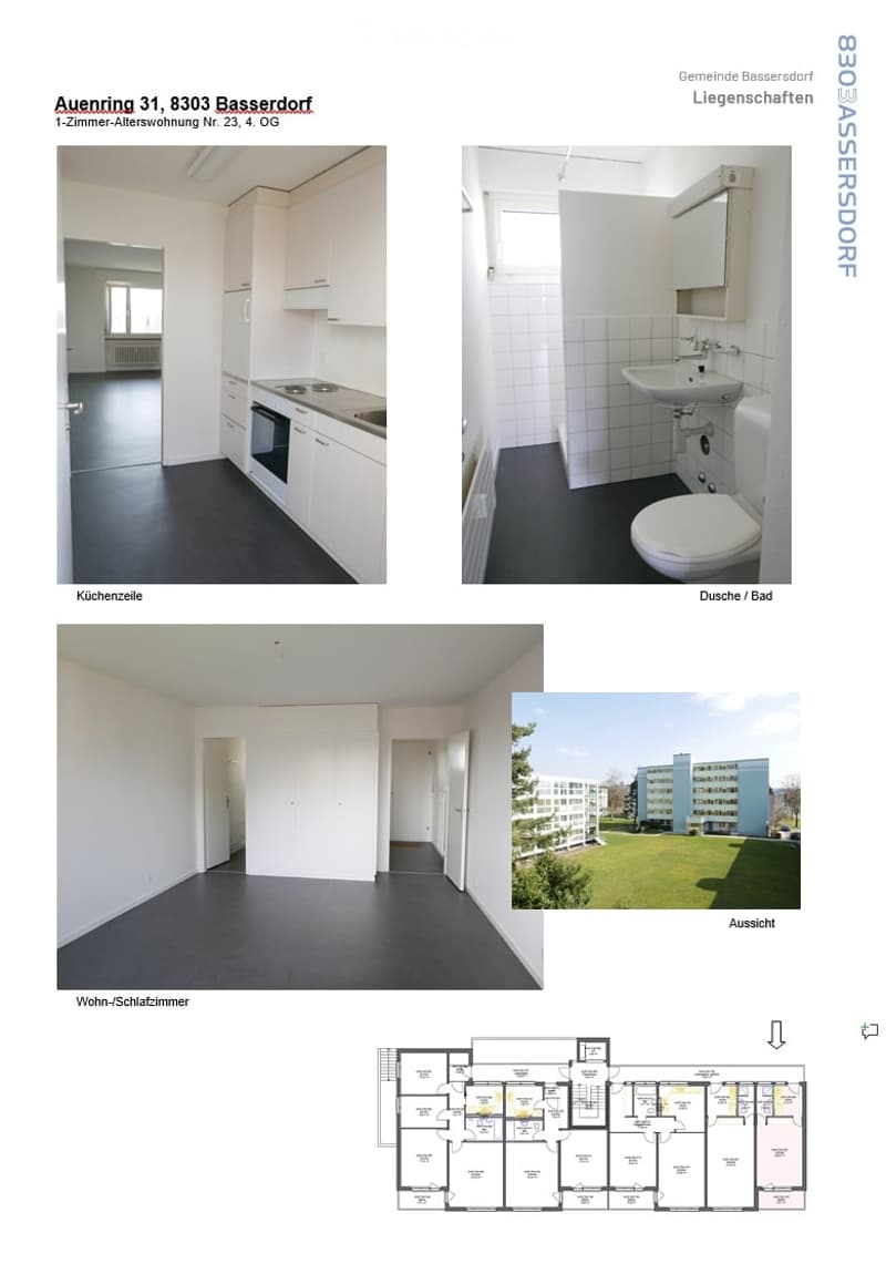Floor plan of a 1-room senior apartment with kitchen, bathroom, and living/sleeping area. Includes exterior view of the building.