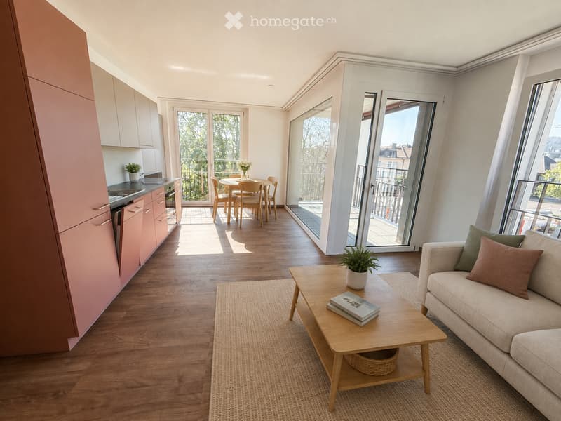 Open-plan living and dining area with modern furniture, large windows, and access to a balcony.