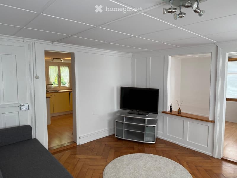 Living room with a grey sofa, a television on a stand, a round white rug, and a small wooden shelf with decorative items. The room has white walls, wooden flooring, and a view into a kitchen area with yellow cabinets.