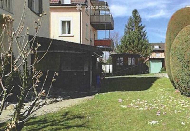 Garden area with grass, small shed, and surrounding buildings.