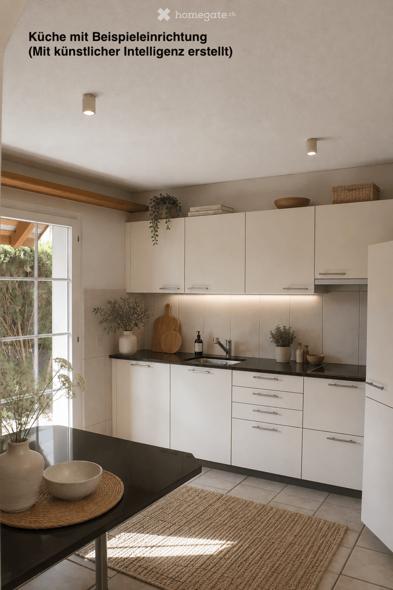 Modern kitchen with white cabinets, black countertops, a central island, and various decorative items including vases, bowls, and potted plants.
