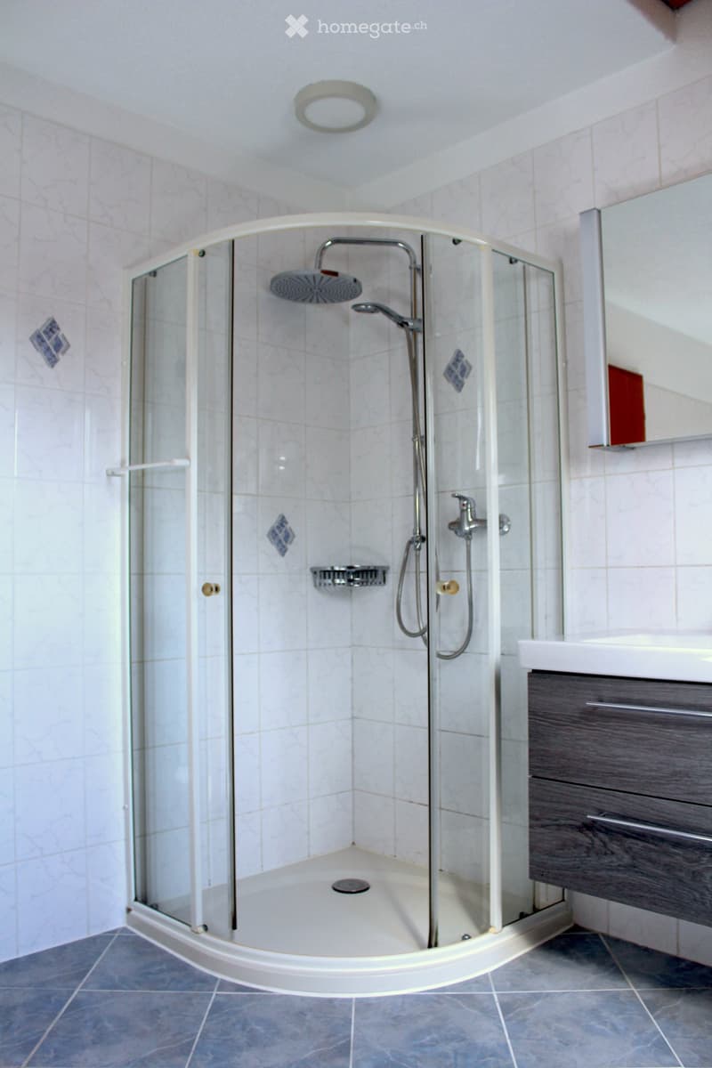 Modern bathroom with a glass-enclosed shower stall, a sink with a dark wooden cabinet, and a ceiling light fixture.