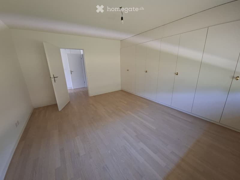 Empty room with light wooden flooring, white walls, built-in white wardrobes, and a single ceiling light fixture.