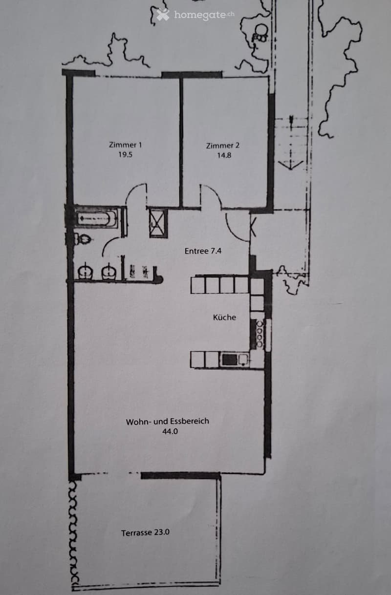 Floor plan showing a living and dining area (44.0), kitchen, two bedrooms (19.5 and 14.8), entrance (7.4), and a terrace (23.0).