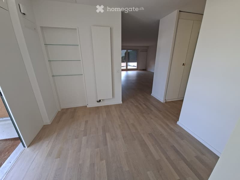 Empty hallway with wooden flooring, white walls, and built-in shelving unit. No furniture or personal items present.