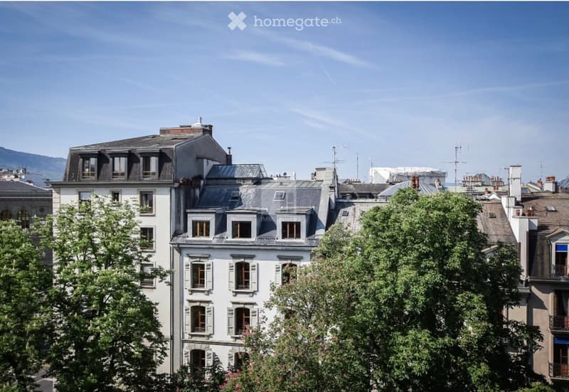A multi-story residential building with classic European architecture, featuring grey roofs, dormer windows, and multiple chimneys. The building has white walls and shutters, surrounded by lush green trees.