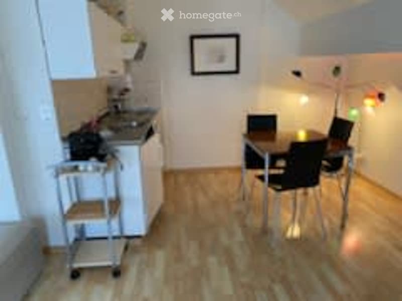 Bright, modern dining area with a wooden floor, a dining table with chairs, a small kitchen area with cabinets and a fridge, and a lamp providing warm lighting.