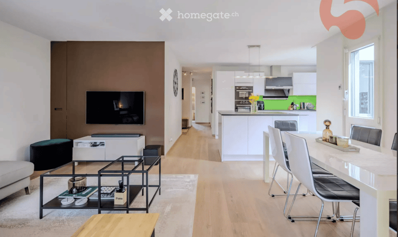 Modern, open-plan living and dining area with a sofa, coffee table, TV, dining table with chairs, kitchen island, and kitchen cabinets.