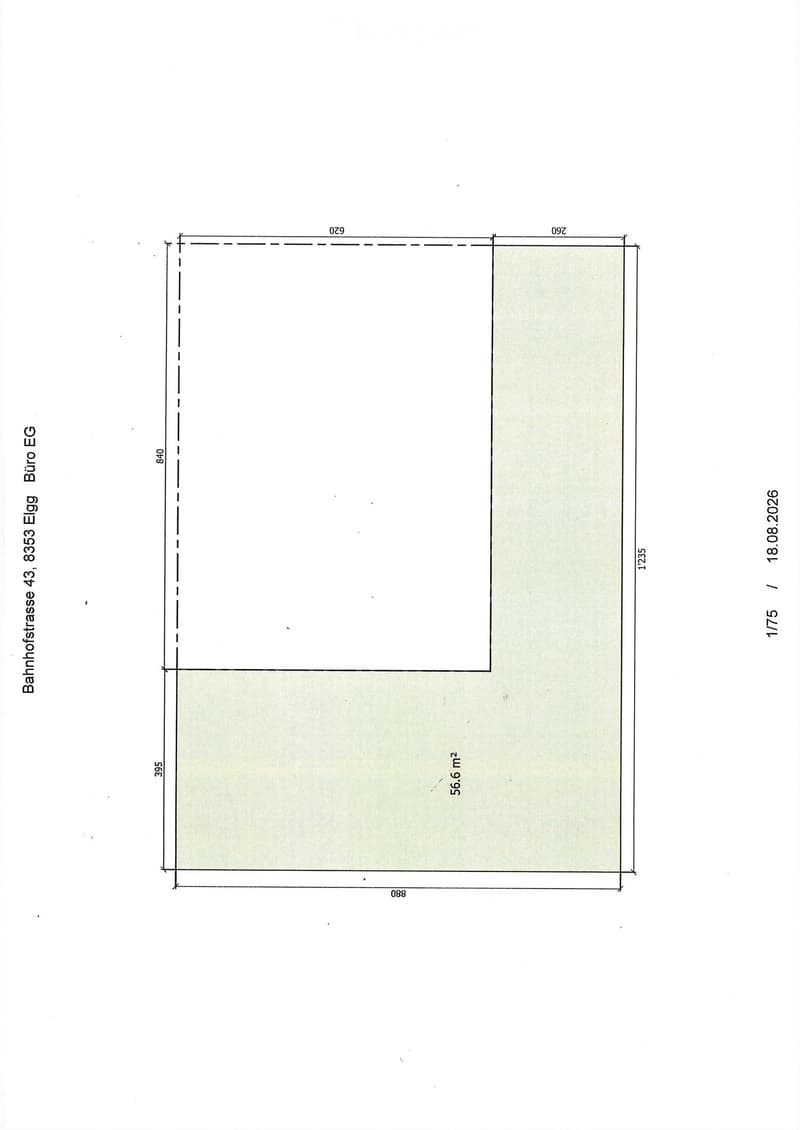 Floor plan of a commercial space with dimensions and area labeled, including a main room and a smaller adjacent area.