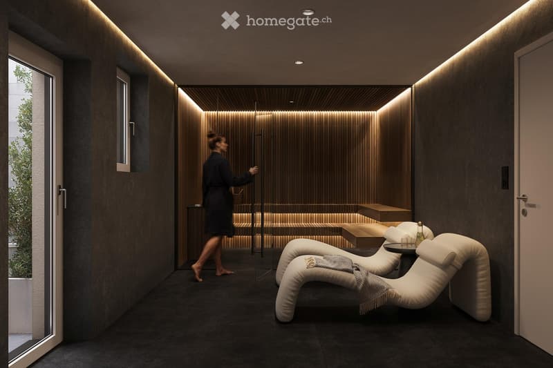 Minimalist sauna room with wooden benches, glass walls, and a small glass table