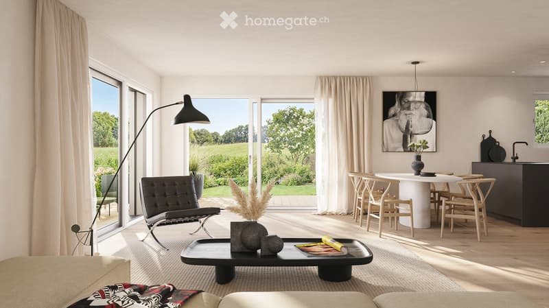 living room with wooden floor, white walls, sliding glass doors to terrace, table, chairs, lamp, carpet, and a painting
