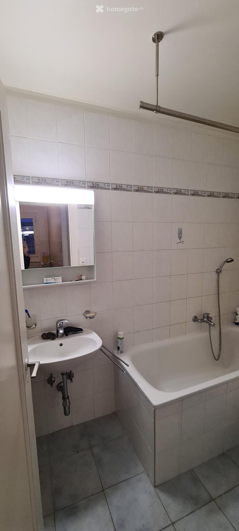 Bathroom with a white tiled wall, a sink with a mirror above it, a bathtub with a shower hose, and a toothbrush holder on the sink counter.