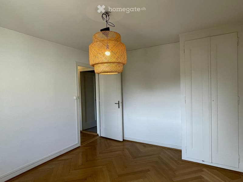 Empty hallway with wooden herringbone flooring, white walls, and a hanging woven light fixture.