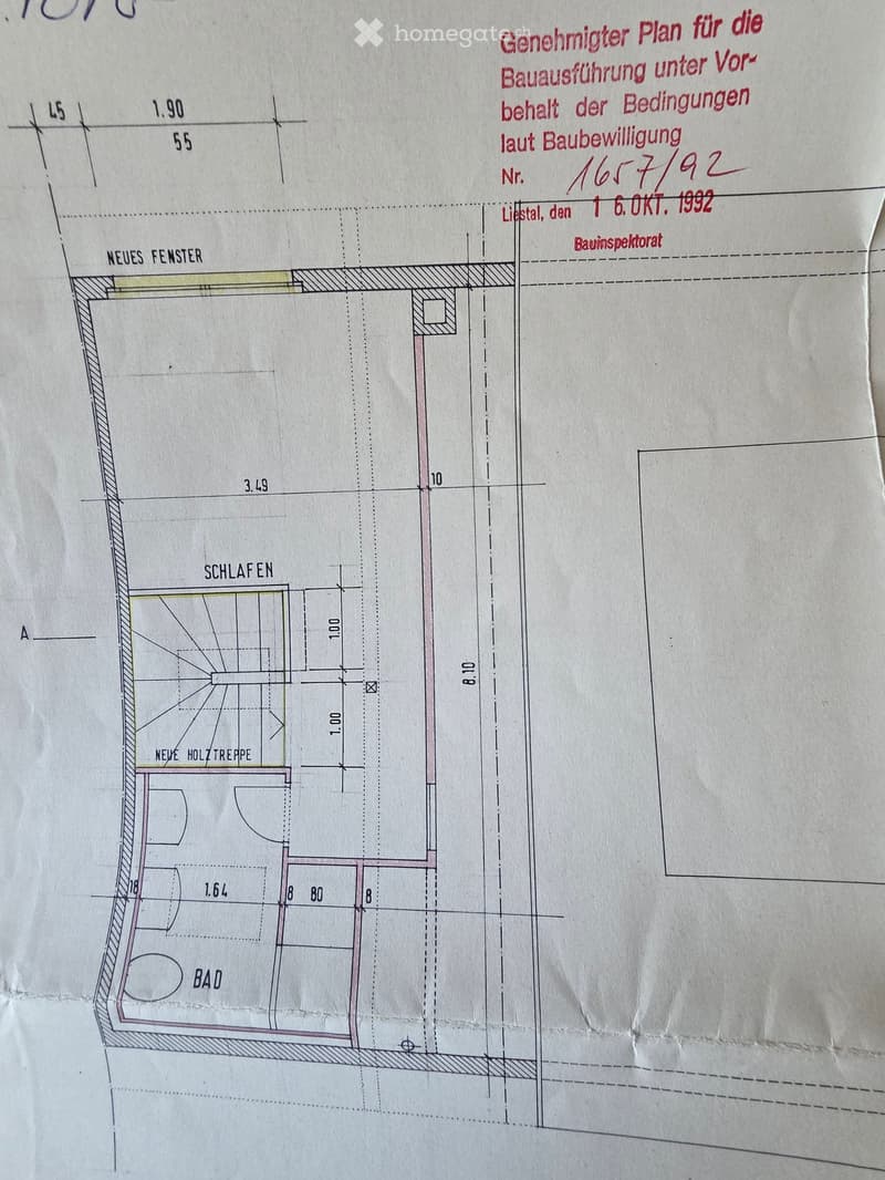 Floor plan showing a bedroom, bathroom, and new window, with labeled dimensions and a new wooden staircase.