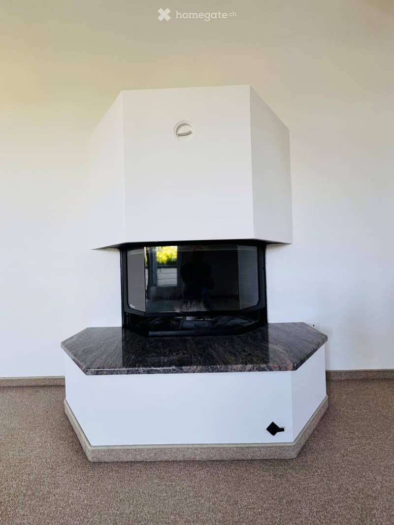 Modern white fireplace with a sleek design, featuring a black glass front and a wooden mantelpiece.