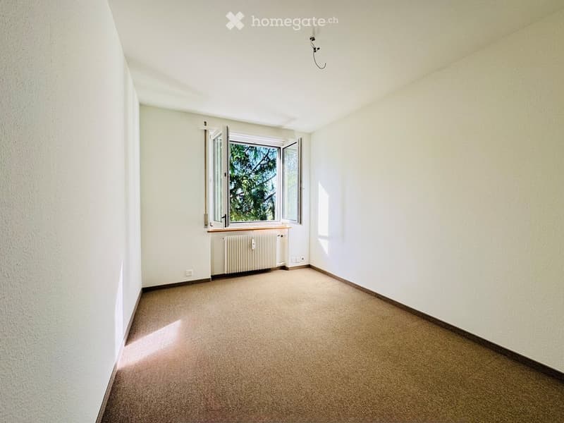 Empty room with light-colored walls, carpeted floor, and a single window with a radiator below it.