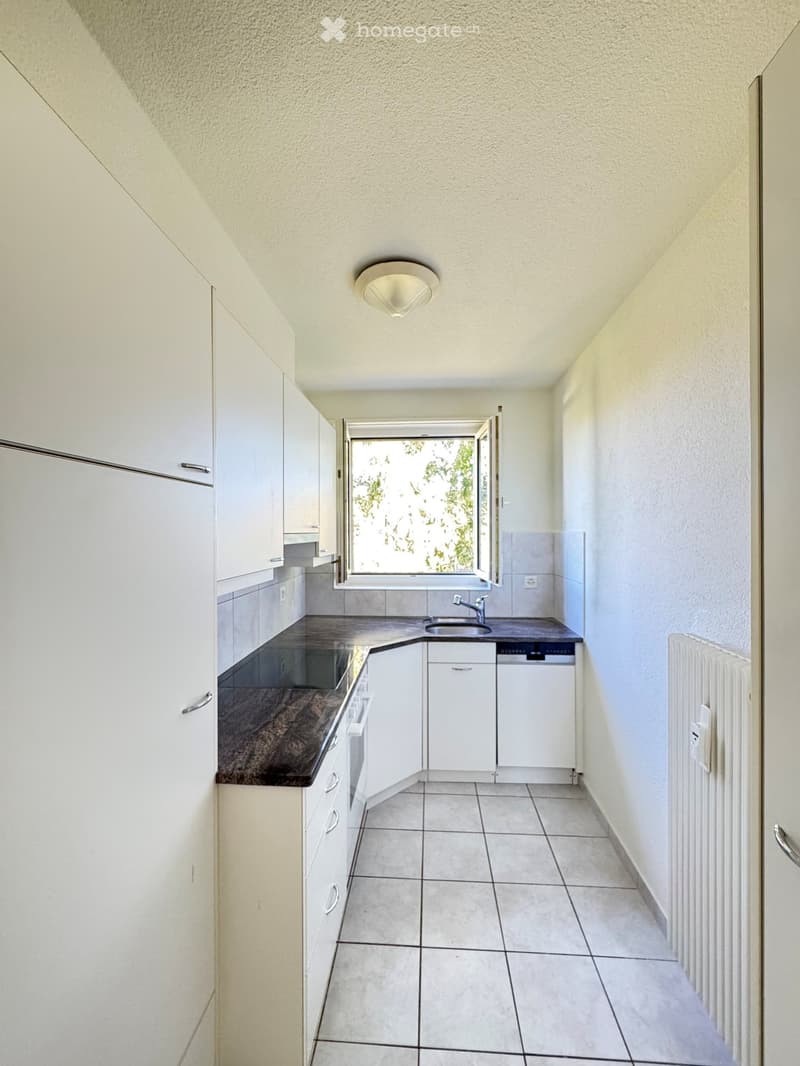 Modern kitchen with white cabinets, tiled floor, and a window overlooking greenery. Features a sink, faucet, and a dishwasher.