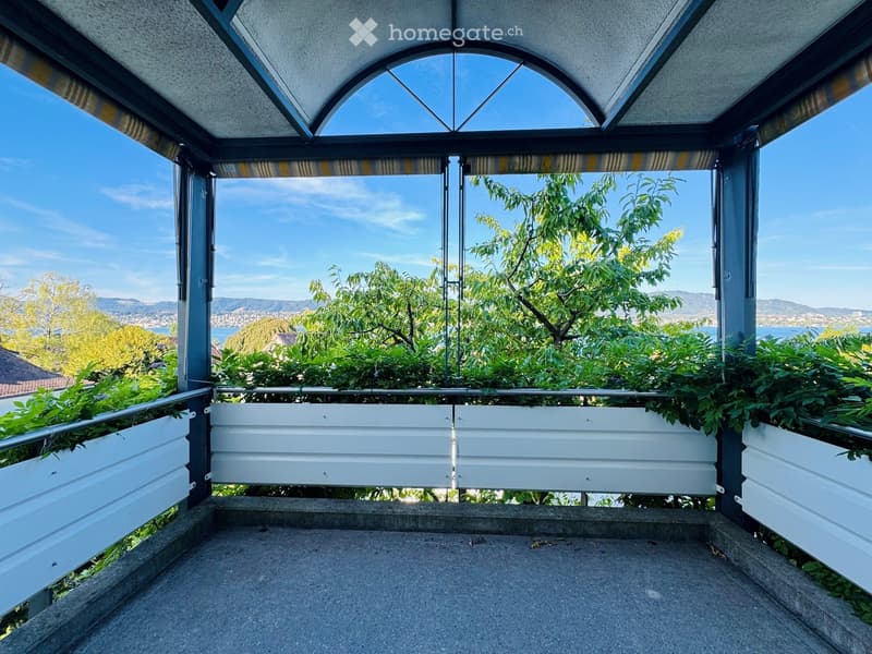 Balcony with a modern glass roof, white railings, and a scenic view of trees and distant mountains.