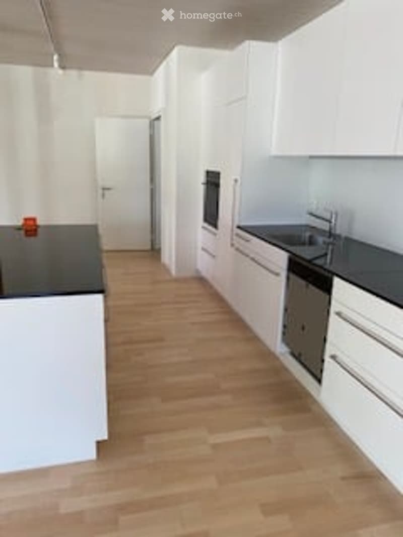 Modern kitchen with white cabinets, black countertops, wooden flooring, and stainless steel appliances including a sink and oven.
