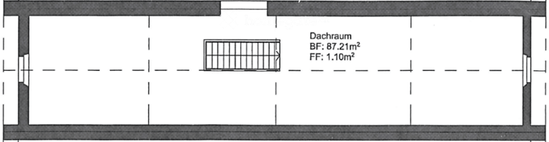 Floor plan of a single-story building with a large open space, a small room labeled 'Dachraum' (Attic) with dimensions provided, and a small enclosed area possibly a closet or storage space.