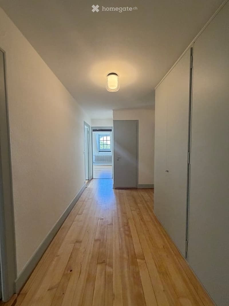 Empty hallway with wooden flooring, white walls, and a single ceiling light fixture. A closed door is visible at the end of the hallway.