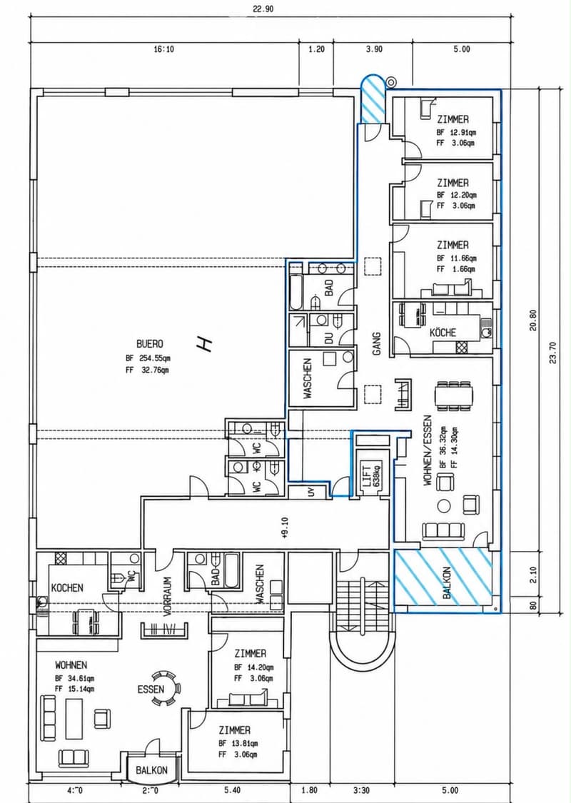 Floor plan showing a multi-room layout including a kitchen, living area, bedrooms, bathrooms, and balconies.