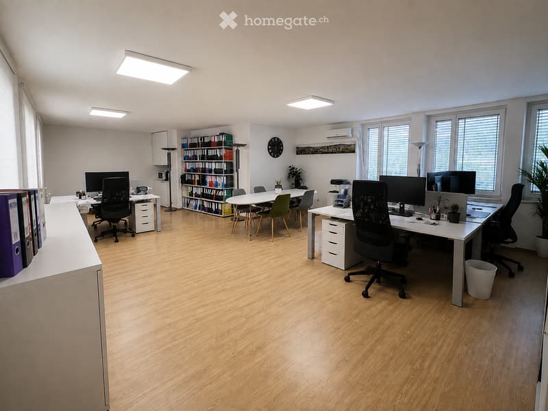 Modern office space with wooden flooring, multiple desks, chairs, computer screens, a bookcase, a clock, and potted plants.