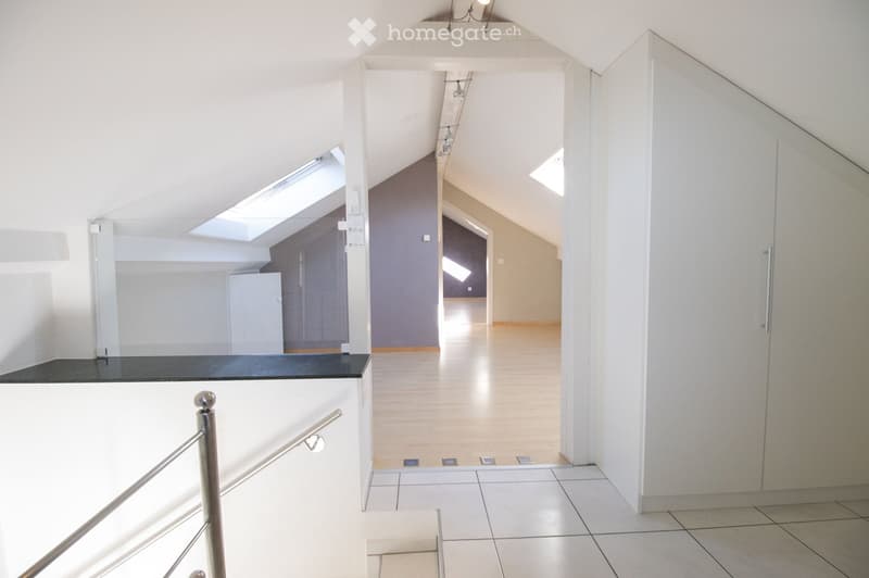 Modern, minimalist hallway with white walls, wooden flooring, and skylight windows. Features a staircase with a metal railing and a small landing area.