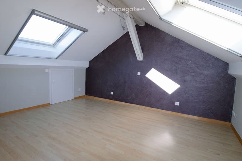 Empty room with wooden flooring, grey walls, and skylight windows allowing natural light.