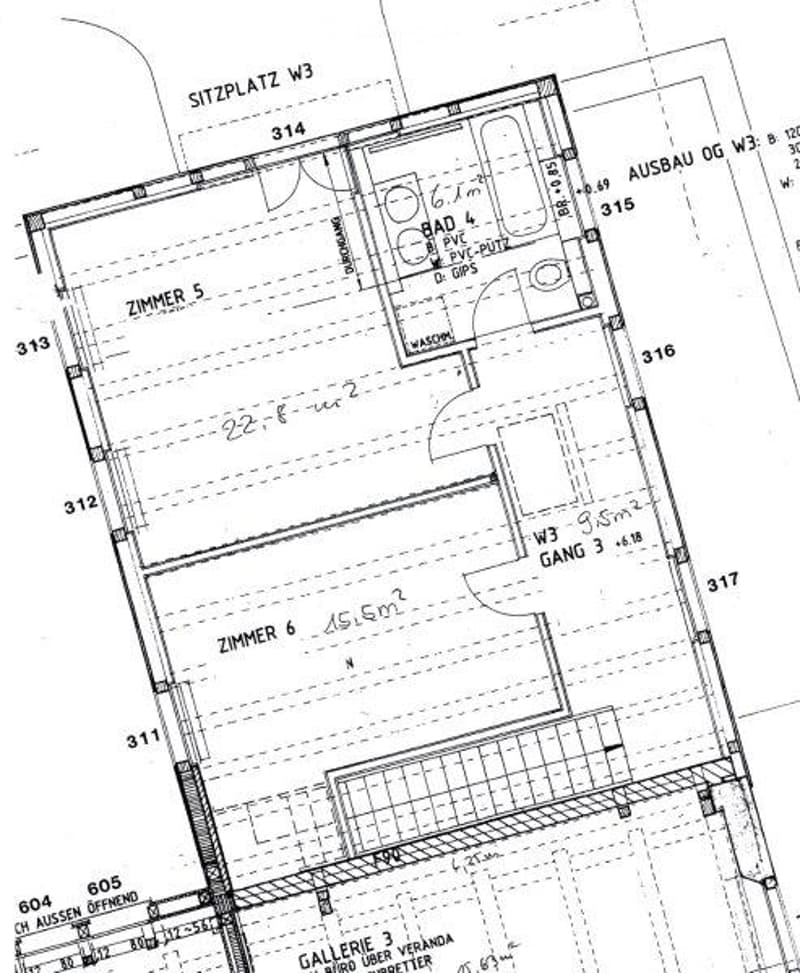 Floor plan of a residential space showing multiple rooms including a bathroom, living area, and several bedrooms.