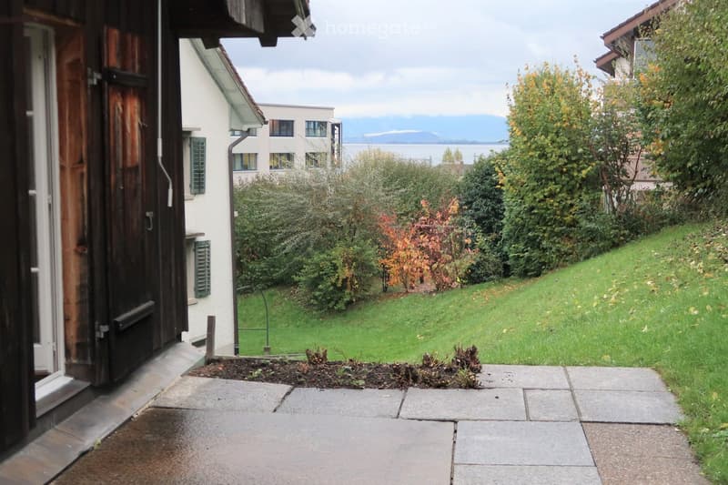 Garden area with a paved pathway, green lawn, and various shrubs and trees, with a view of a lake and distant mountains.