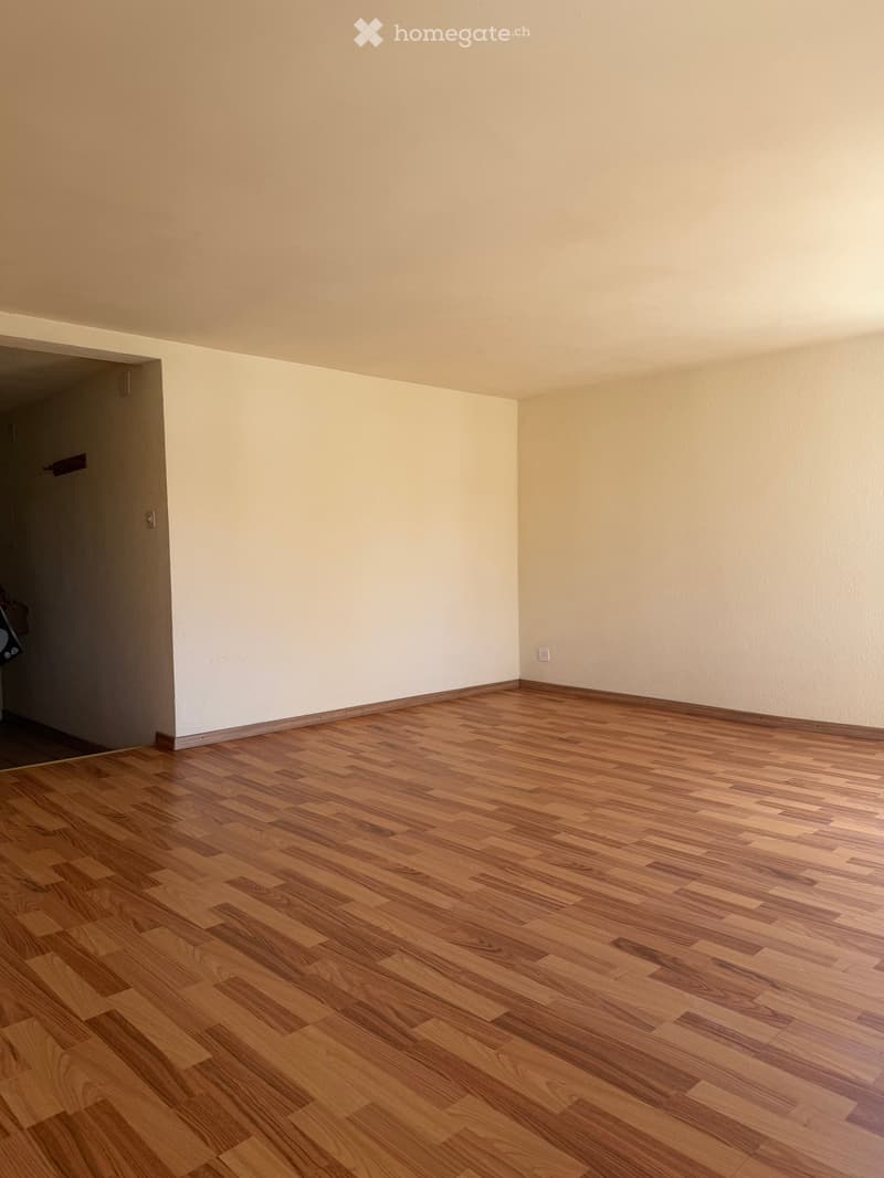 Empty room with light-colored walls and polished wooden flooring, featuring a doorway leading to another area.