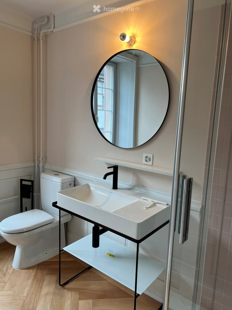 Modern bathroom with a white sink on a black metal stand, a round mirror above it, and a toilet to the left. The room features light-colored walls and wooden flooring.