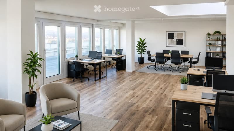 Modern office space with wooden flooring, large windows, desks, chairs, laptops, and plants.