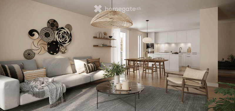 Modern living and dining area with a grey sofa, coffee table, dining table, and kitchen area with white cabinets and stainless steel appliances.