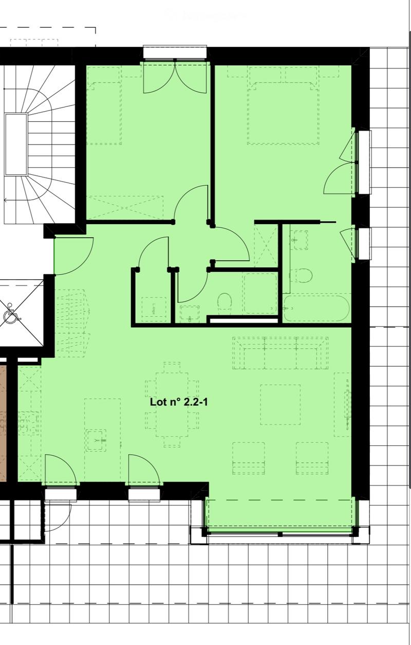 Floor plan of Lot n° 2.2-1, showing multiple rooms including a living area, bedrooms, and bathrooms.