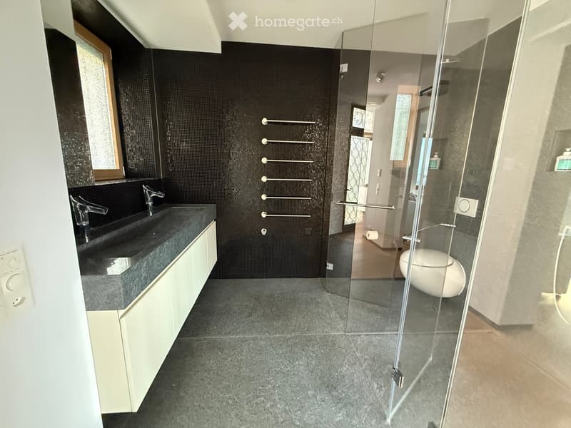 Modern bathroom with dark tiled walls, a black countertop sink, a glass-enclosed shower, and a white toilet.