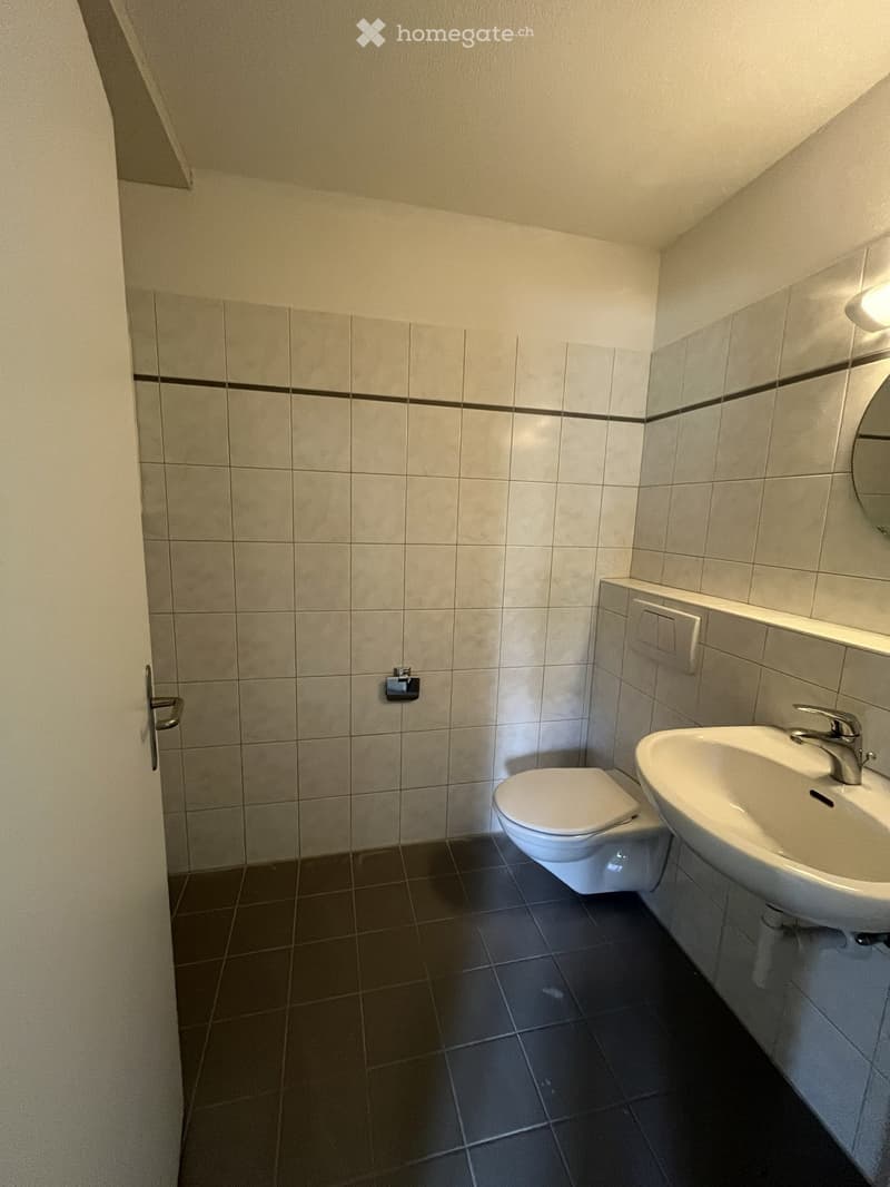 Modern bathroom with white tiles, a toilet, a sink with a chrome faucet, and a mirror above the sink. The walls are tiled in a light gray color with a dark gray border at the top.