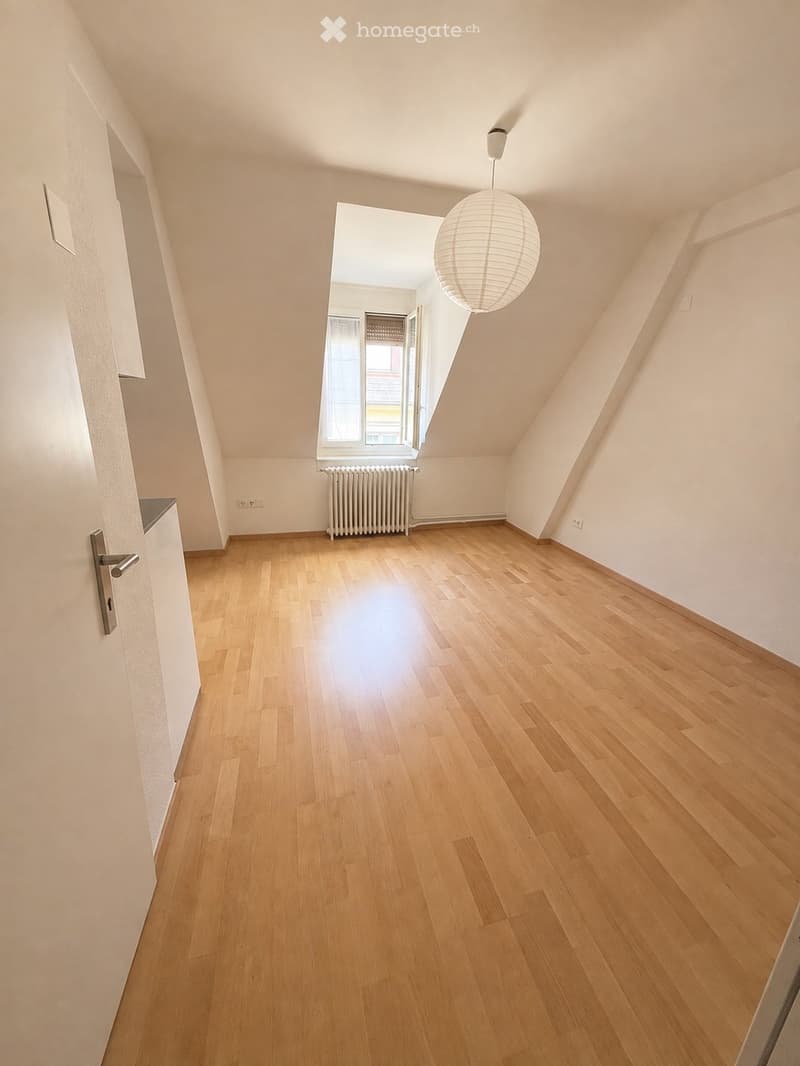 Empty room with wooden flooring, white walls, and a hanging spherical light fixture. A window with a radiator below it is visible at the far end.