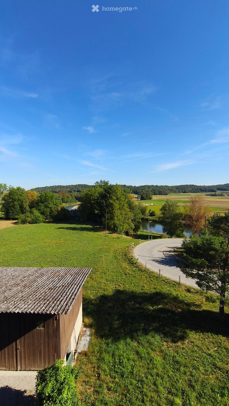 A peaceful rural landscape with a wooden shed, grassy fields, a winding gravel path, and a small river in the background.