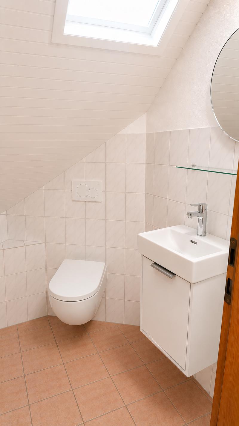Modern bathroom with white tiles, a toilet, a sink with a chrome faucet, a mirrored cabinet, and a skylight window.
