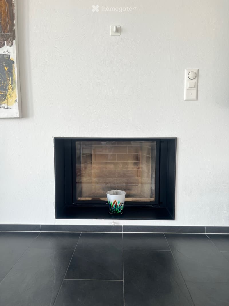 wall mounted fireplace with glass and black frame, ceramic mug on the hearth