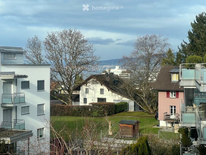 Multiple apartment buildings, green lawns, trees, building with a brown roof